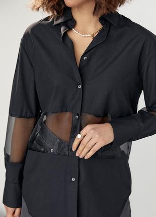 Удлиненная женская рубашка с прозрачными вставками - черный цвет, m (есть размеры)4 фото