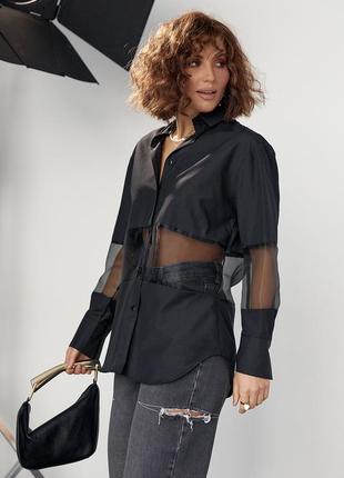 Удлиненная женская рубашка с прозрачными вставками - черный цвет, m (есть размеры)5 фото