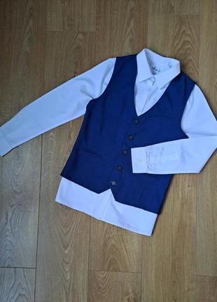 Нарядный набор для мальчика/белая рубашка с длинным рукавом/синий нарядный жилет1 фото