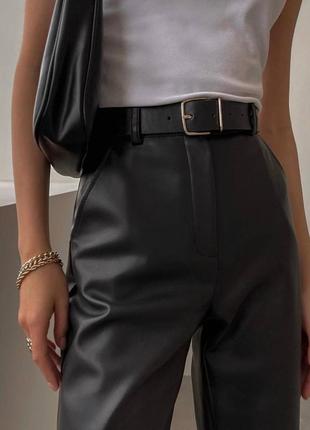 Кожаные брюки трубы, женские прямые брюки из экокожи, черные брюки5 фото