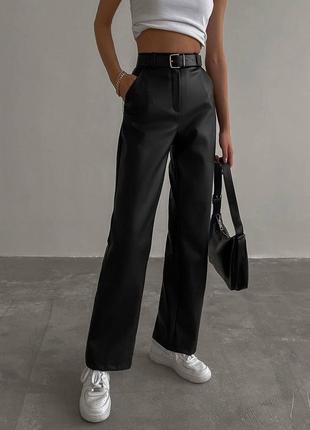 Кожаные брюки трубы, женские прямые брюки из экокожи, черные брюки4 фото