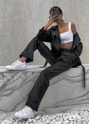 Кожаные брюки трубы, женские прямые брюки из экокожи, черные брюки6 фото