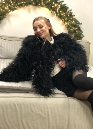 Гуня коцована шуба з лами альпака чорна колір чорний. коротка пухнаста шуба еко хутро.
