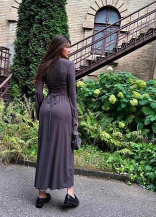 Стильное длинное женское платье с длинным рукавом, модное платье со шнуровкой черное, серое5 фото