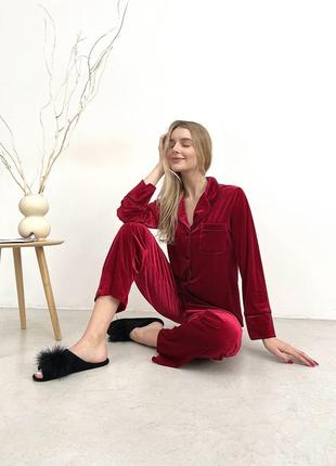 Красная велюровая пижама, комплект для дома4 фото
