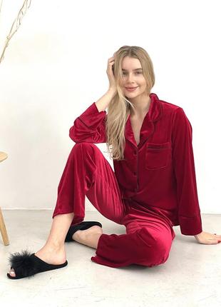 Красная велюровая пижама, комплект для дома7 фото