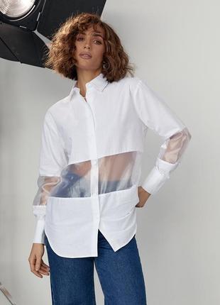 Удлиненная женская рубашка с прозрачными вставками - белый цвет, m (есть размеры)