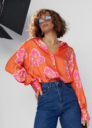 Шелковая блуза на пуговицах с цветочным узором - оранжевый цвет, s (есть размеры)8 фото