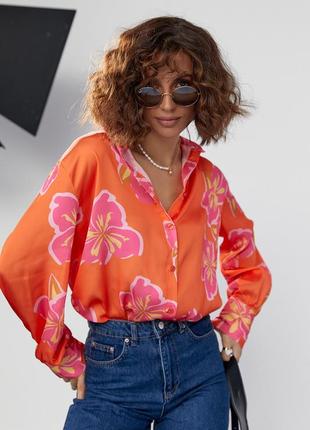 Шелковая блуза на пуговицах с цветочным узором - оранжевый цвет, s (есть размеры)2 фото