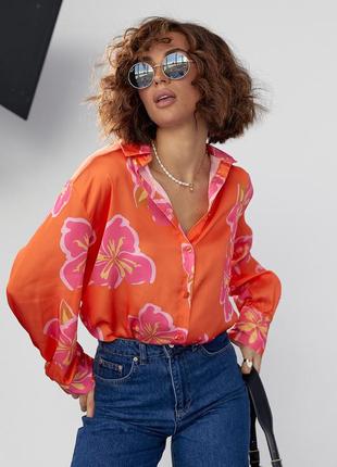 Шелковая блуза на пуговицах с цветочным узором - оранжевый цвет, s (есть размеры)10 фото