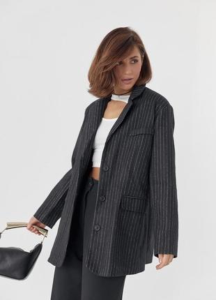 Массивный женский однобортный пиджак в полоску в мужском стиле оверсайз черный3 фото