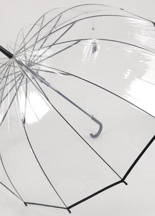 Женский прозрачный зонт-трость полуавтомат с 14 спицами, черная ручка