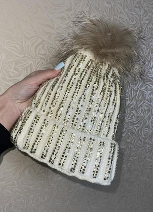 Шапка зі стразами +натуральне  хутро шапочка