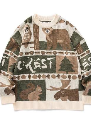 Зимний свитер l-xl лесные звери: медведь, сова, белочка светло-бежевый и темно зеленый1 фото