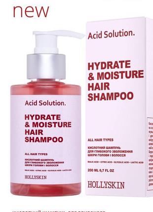 Кислотный шампунь для глубокого увлажнения кожи головы и волос hollyskin acid solution.