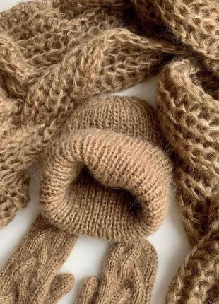 Стильний комплект : шапка , шарф та рукавиці в 2 нитки з мохера