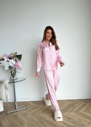 Розовая шелковая пижама в полоску, комплект для дома рубашка и штаны1 фото