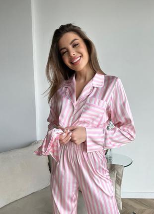 Розовая шелковая пижама в полоску, комплект для дома рубашка и штаны9 фото