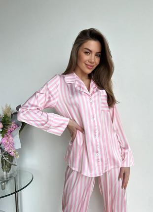 Розовая шелковая пижама в полоску, комплект для дома рубашка и штаны2 фото