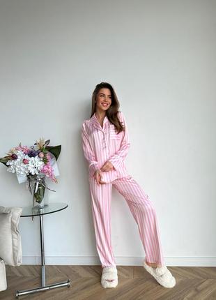 Розовая шелковая пижама в полоску, комплект для дома рубашка и штаны5 фото