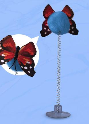 Дразнилка для котів "метелик на пружинці", синя кулька1 фото
