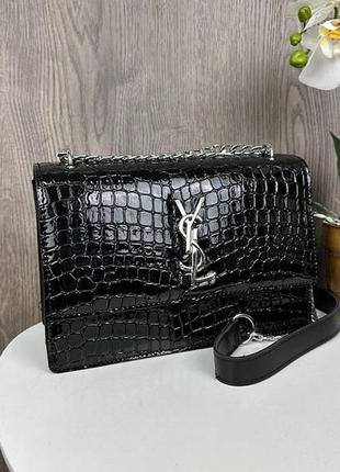 Женская лаковая сумочка рептилия ysl черная на цепочке, мини сумка клатч крокодил1 фото