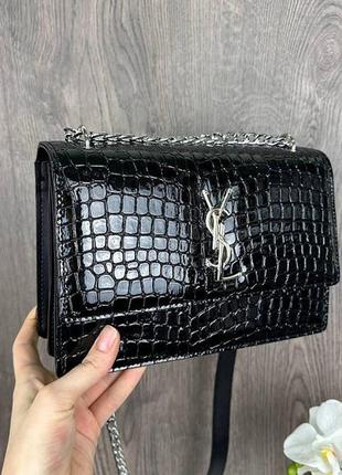 Женская лаковая сумочка рептилия ysl черная на цепочке, мини сумка клатч крокодил2 фото