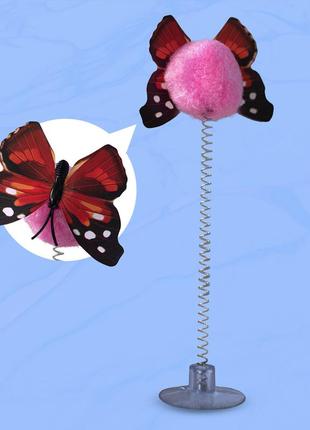 Дразнилка для котов "бабочка на пружинке", розовый шарик