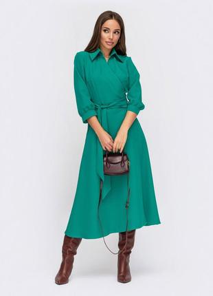 Платье миди изумрудное на запах | 76843