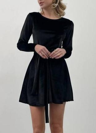 Классическое черное бархатное бархатное мини платье с рукавами🖤2 фото
