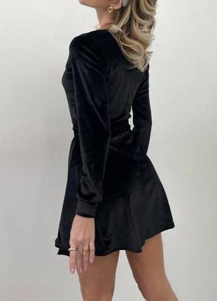 Класична чорна оксамитова бархатна міні сукня з рукавами🖤4 фото