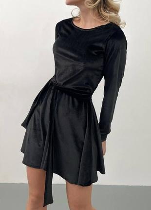 Класична чорна оксамитова бархатна міні сукня з рукавами🖤3 фото