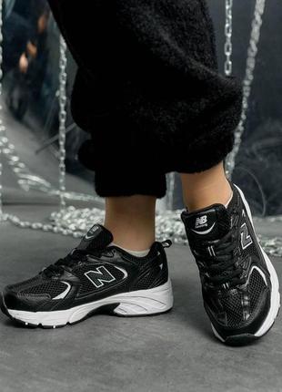 Женские кожаные сетка кроссовки new balance 530 black base white premium, женские кеды черные. женская обувь