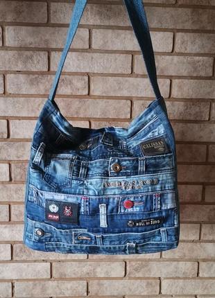 Оригинальная, дизайнерская унисекс вместительная джинсовая сумка шоппер2 фото