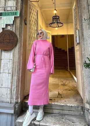 Ангоровое платье с поясом меди розовый от 42 до 50