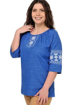 Женская элегантная блуза-вышиванка "пани", джинс, размеры 44,46,50,52,54,56,58,60