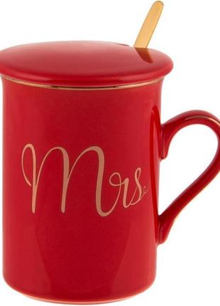 Кружка фарфоровая coffee prelude "mrs" 380мл с крышкой и ложкой, красная