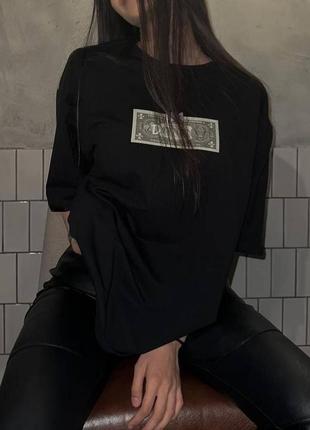 Свободная черная оверсайз футболка с квадратом с принтом денег💵3 фото