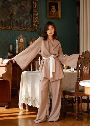 Margo 20732 бежевый домашний костюм кимоно льняная шикарная модель пижама