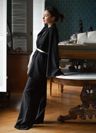 Margo 20737 черный домашний костюм кимоно льняная шикарная модель пижама4 фото