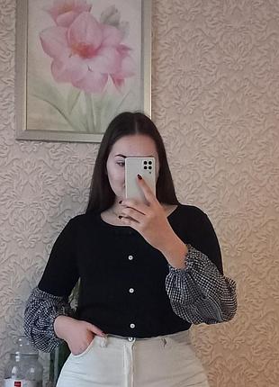 Блуза в рубчик з рукавами-ліхтариками, з об'ємними рукавами