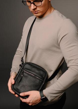 Элегантная мужская сумка-мессенджер из натуральной кожи черная, сумка через плечо3 фото