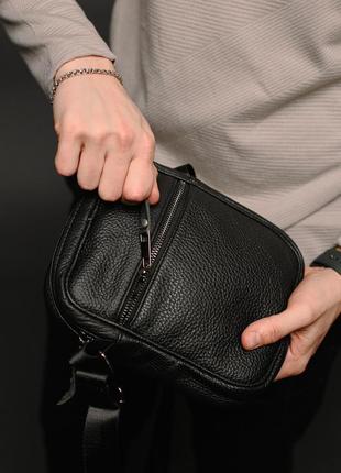 Элегантная мужская сумка-мессенджер из натуральной кожи черная, сумка через плечо2 фото