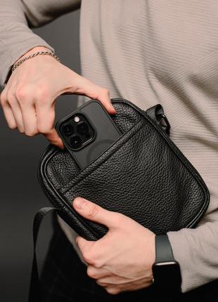 Элегантная мужская сумка-мессенджер из натуральной кожи черная, сумка через плечо6 фото
