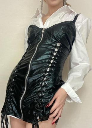 Лакированное корсет платья белье на завязках кожа латекс2 фото
