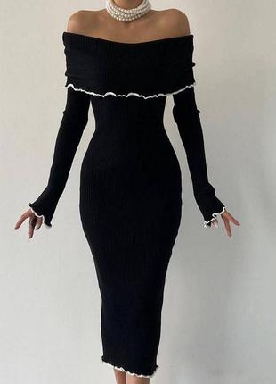 Трендовое платье с открытыми плечами отворотом рукавами по фигуре рубчик2 фото