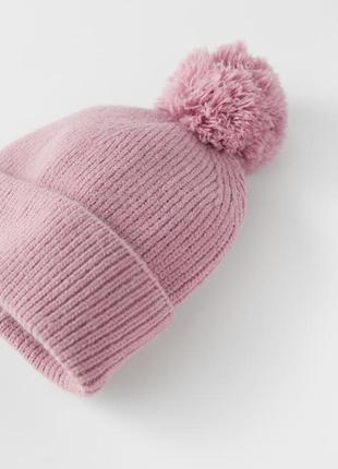 В’язана рожева шапка/шапочка з бубоном/помпоном на дівчинку 1-3 роки зара/zara2 фото