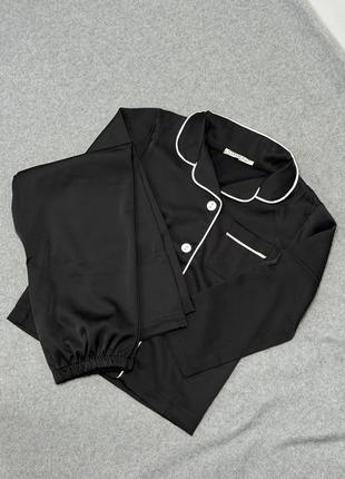 Качественная и стильная детская шелковая пижама с кантом, черная шелковая пижама девичья рубашка + штаны