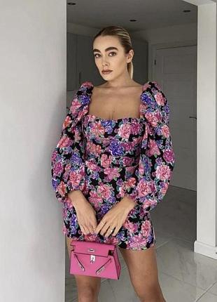 Сукня в квіти з об’ємними рукавами-буфами/поясом зара/zara