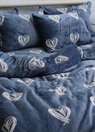 Тепла постільна білизна з мікрофібри темно синя сердечки. розміри: 1,5/2х сп/євро